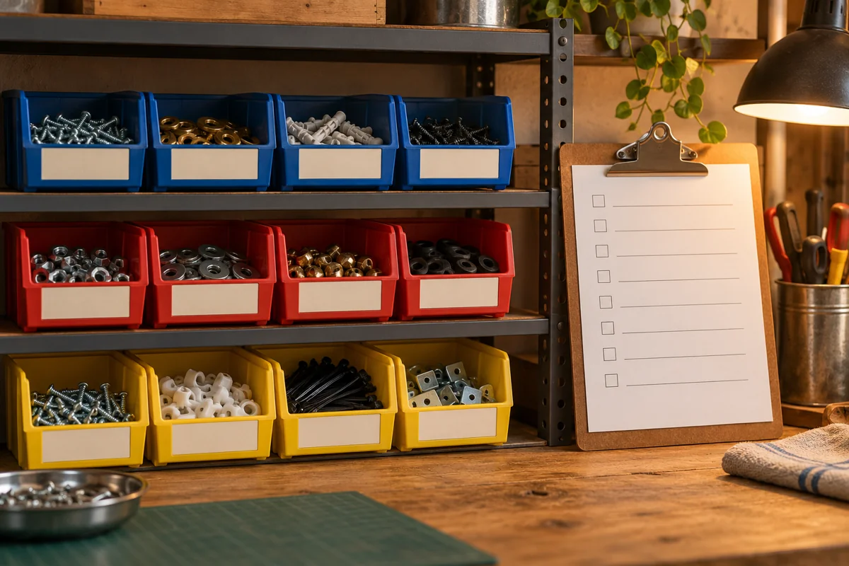 Small parts bins with blank labels on a workshop shelf beside a clipboard with a blank checklist