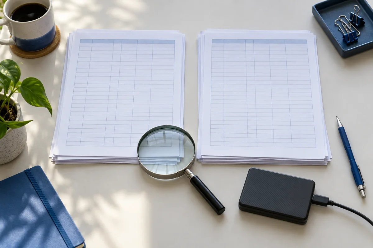 Two stacks of tabular printouts beside a magnifying glass and backup drive, illustrating record reconciliation