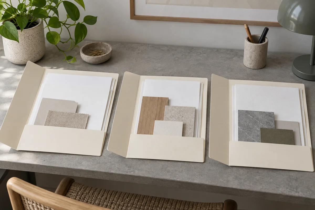 Three open plain folders containing neatly arranged blank sheets and small material samples