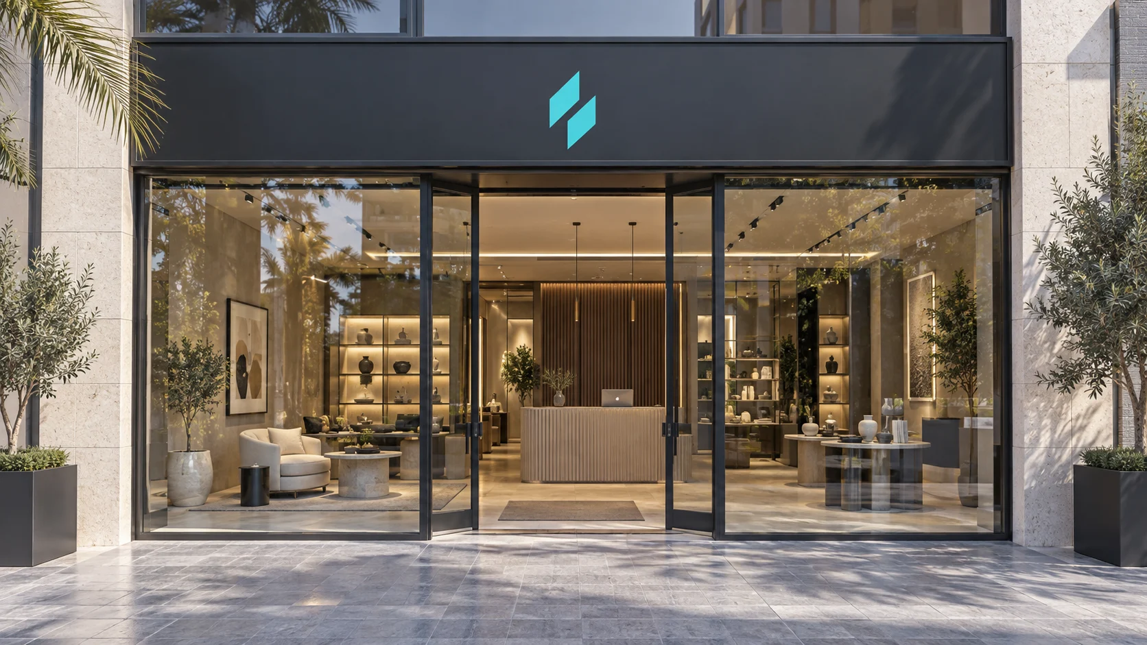 Illustrative retail storefront and digital workspace for an opening project